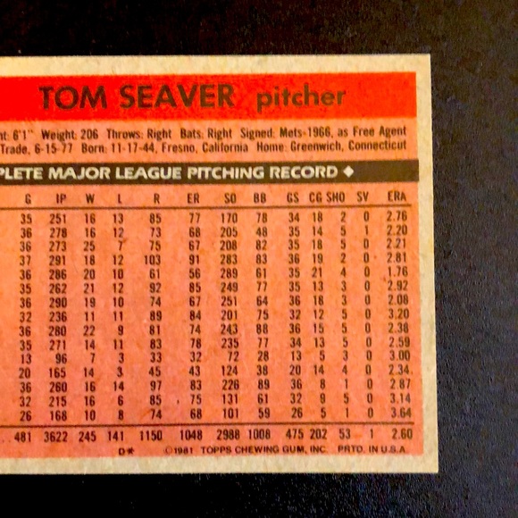 1981 Topps #220 Tom Seaver *NM - Mint Condition* - Picture 6 of 6